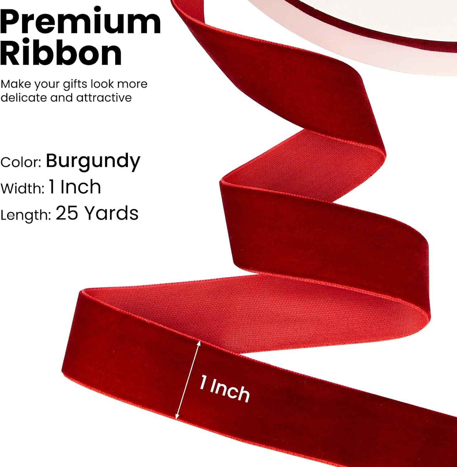 Burgundy Velvet Ribbon, 1 Inch 25 Yards Spool Ribbon for Christmas Tree Ornaments, Gift Wrapping, Bows Making, Handmade Crafts, Wreath Decoration, Flower Bouquet